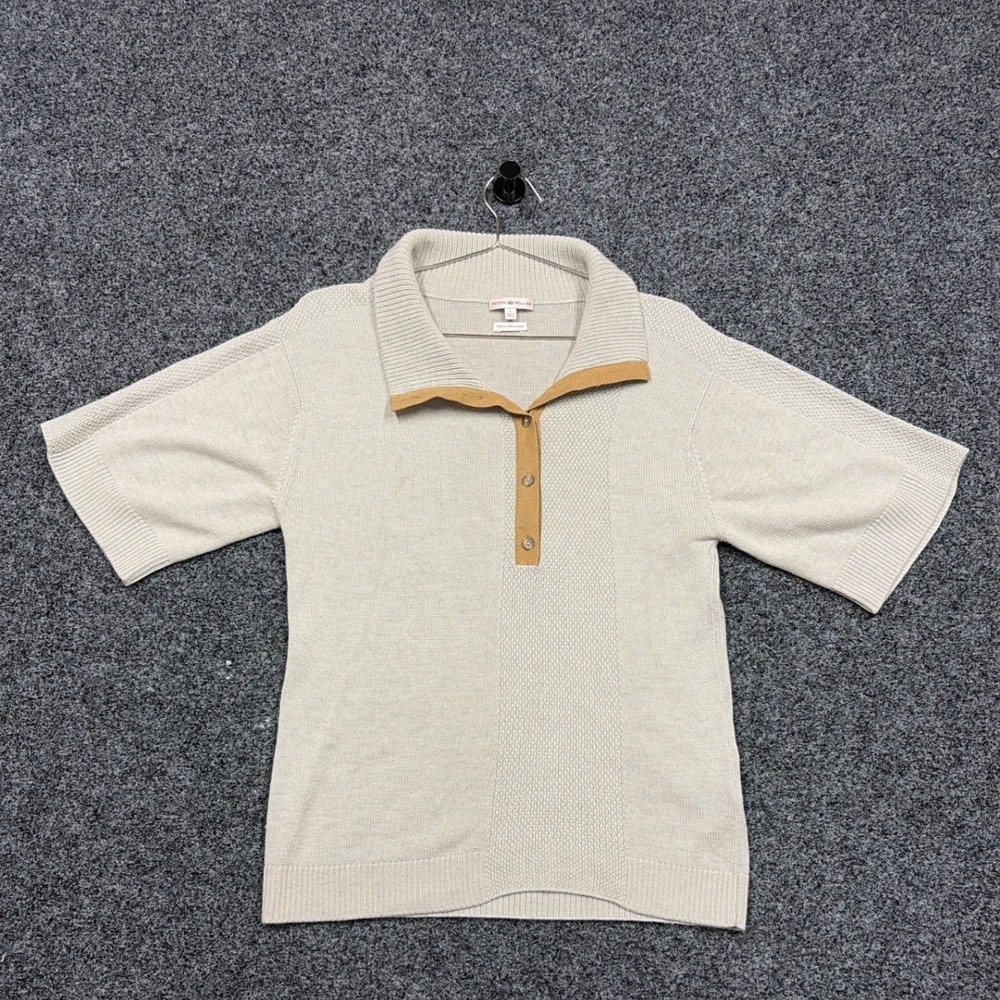 Peter Millar Sweater Womens L Beige Silk Cashmere Knit Polo Short Sleeve Luxury